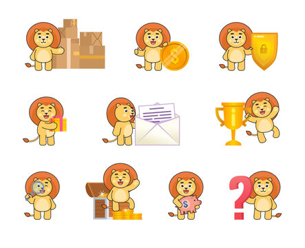 Set of lion characters showing various actions. Cute lion mascot standing near parcel boxes, big coin, shield, treasure chest, question mark and showing other actions. Vector illustration