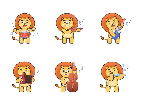 Set of cartoon lion characters playing on various musical instruments. Cute lion playing on drum, guitar, violin, flute, accordion, double bass. Vector illustration