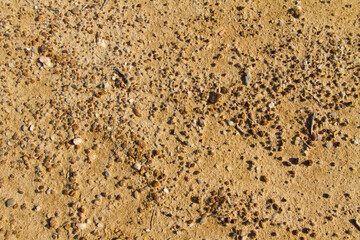 Extreme macro close up of fine beach sand surface pattern in the summer. Sandy trails, texture and background. Top view. Abstract Background. 