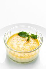 vegan dairy free organic coconut creme brulee on white background