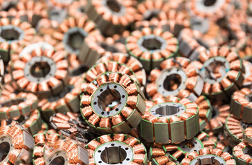 Numerous Rotors Of An Electric Motor Show Copper Wire Windings