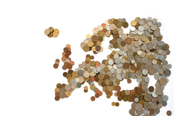 Europe money map made from old money coins isolated on white background. Selective focus
