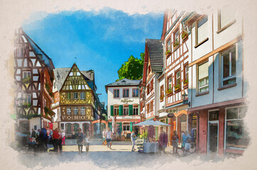 Watercolor drawing of Mainz: Traditional german houses with typical wooden facade fachwerk style and tourists people walking down cobblestone square