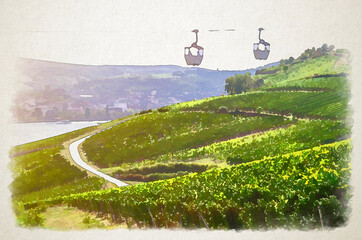 Watercolor drawing of Cable car on rope of cableway from Rudesheim am Rhein town to Roseneck mount above vineyards fields - obrazy, fototapety, plakaty