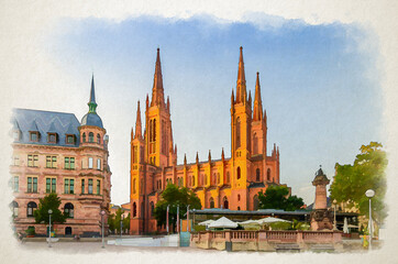Obraz premium Watercolor drawing of Wiesbaden cityscape with Evangelical Market Protestant church or Marktkirche and City Palace Stadtschloss or New Town Hall