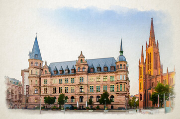 Watercolor drawing of Wiesbaden cityscape with Evangelical Market Protestant church or Marktkirche and City Palace Stadtschloss or New Town Hall