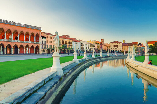 Watercolor drawing of Padua cityscape with Palazzo Loggia Amulea palace neogothic style building and statues near small canal