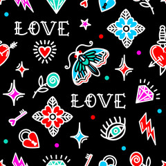 Old school tattoo pattern with love symbols