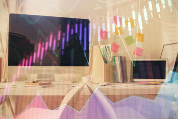 Double exposure of financial graph drawing and office interior background. Concept of stock market.