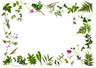 Botanical Frame. Herbarium of various plants on a white background. Copy space. Freshly cut plants. Forest flowers, herbs, berries