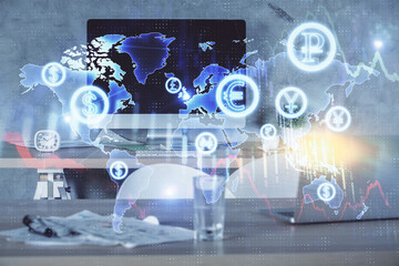 Multi exposure of financial graph drawing and office interior background. Concept of market analysis.