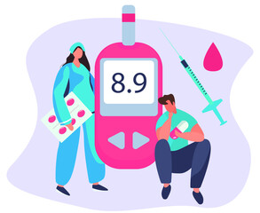 Doctor Giving Consultation to Diabetes Mellitus and Measuring Sugar with Meter Strip.Control Blood Glucose Level.Insulin Production.Diabetic Blood Glucose Level Test.Flat Vector Illustration