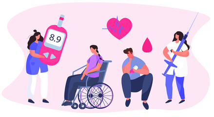 Doctor Giving Consultation to Diabetes Mellitus and Measuring Sugar with Meter Strip.Control Blood Glucose Level.Insulin Production.Diabetic Blood Glucose Level Test.Flat Vector Illustration