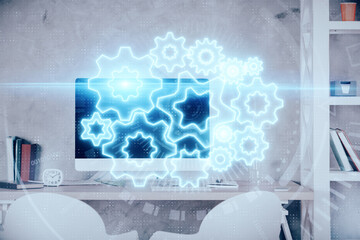 Double exposure of business theme drawing and office interior background. Concept of success