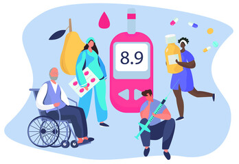 Doctor Giving Consultation to Diabetes Mellitus and Measuring Sugar with Meter Strip.Control Blood Glucose Level.Insulin Production.Diabetic Blood Glucose Level Test.Flat Vector Illustration