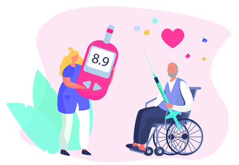 Doctor Giving Consultation to Diabetes Mellitus and Measuring Sugar with Meter Strip.Control Blood Glucose Level.Insulin Production.Diabetic Blood Glucose Level Test.Flat Vector Illustration