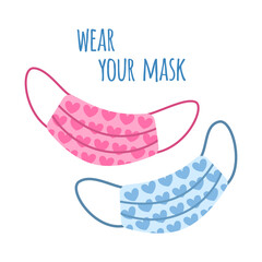 Web banner calling to wear a face mask to protect breathing in the Coronavirus pandemic. Vector illustration with pink and blue face masks with hearts