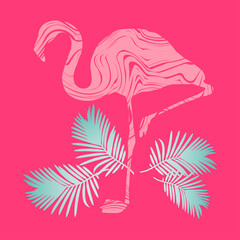 Flamingo on a pink background standing on tropical leaves. African and Asian bird. Vector illustration for web design or print.