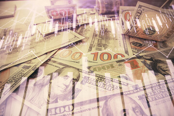 Multi exposure of forex chart drawing over us dollars bill background. Concept of financial success markets.