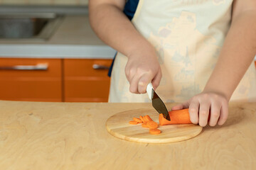 Female hands cut carrots with a knife on the board. Slicing ingredients for cooking lunch or dinner. Eating healthy