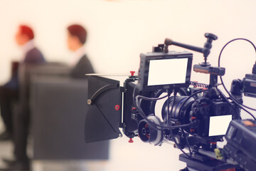 Cropped image of a Video of the interview. Television equipment, camcorder with LCD screen, lighting equipment.
