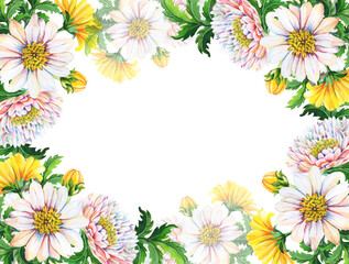 Watercolor greeting card,invitation with chrysanthemums on a white background. Summer,autumn floral illustration