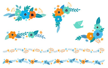 花と葉の装飾フレームセット　手描きテイスト