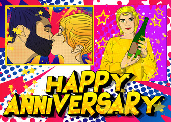 Concept comic book Anniversary gift card. Close-up of kissing young romantic couple, and woman holding champagne. Cartoon style illustration with vibrant colors.
