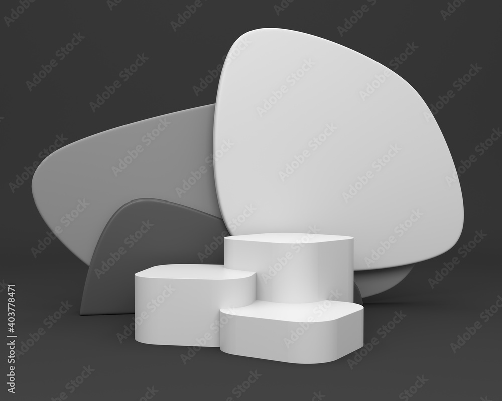 Poster advertising blank boards backdrop with cube display. pos display wall studio scene. 3d render