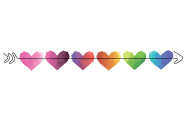Bright abstract triangle hearts in a row. Arrow piercing hearts. Valentines day banner, placard, card template design. Rainbow palette art. Vector illustration. 