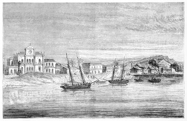 Little town rising on ocean shore called Santarem, Par� , Brazil. Ships and calm sea water. Ancient grey tone etching style art by Hotelin, Hurel and Sangent, Le Tour du Monde, 1861