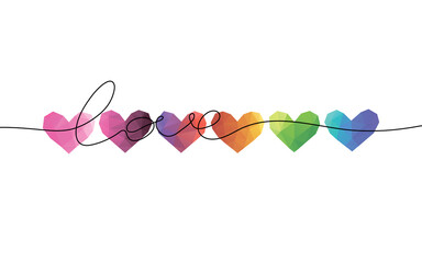 Bright abstract triangle hearts in a row. One line word Love. Valentines day banner, placard, card template design. Rainbow palette art. Vector illustration. 