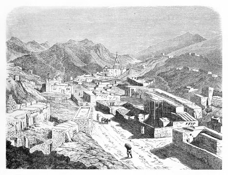 top view of stone town rising on a mountain landscape with church far on distance. Santa Eulalia, Chihuahua state, Mexico. Etching style art by unidentified author, Le Tour du Monde, 1861