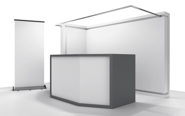 Reception and helping service stand. Black And White Exhibition Booth. Advertising POS POI Promotion counter. 