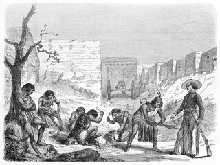 forced labour Apache prisoners working in Corallitos silver foundry, Chihuahua state, Mexico. Ancient grey tone etching style art by Fouduier, Le Tour du Monde, 1861 - obrazy, fototapety, plakaty