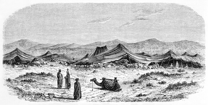 Arabian tents, people and camels on a warm desert barren background, Sheikh El-Arab encampment near Biskra, Algeria. Ancient grey tone etching style art by De Bar and Maurand, Le Tour du Monde, 1861
