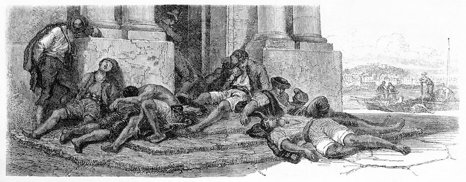 poor men having an outdoors afternoon nap on a church entrance stairway in Naples, Italy. Ancient grey tone etching style art by Ferogio, Le Tour du Monde, 1861