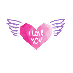 Heart with wings. I love you text. Valentines day banner, placard, postcard design template. Fashion print vector. Polygonal clip art illustration. 