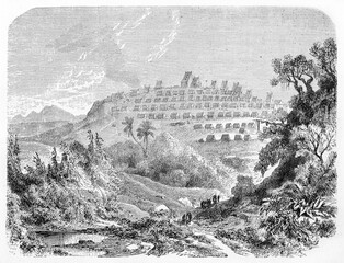 village on a hill far in distance surrounded by luxuriant natural landscape, Tananarive (Antananarivo), capital of Madagascar. Ancient grey tone etching style art by B�rard, Le Tour du Monde, 1861