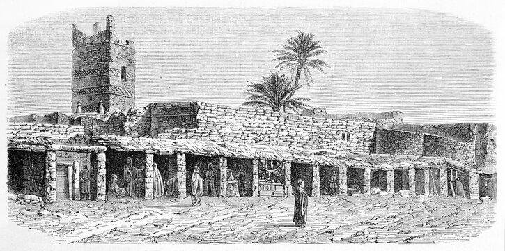 Large view of shops in Touggourt, Algeria, under long arabian stone porches fronting a flat square. Ancient grey tone etching style art by A. De Bar, Le Tour du Monde, 1861