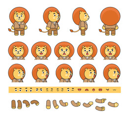 Creation bundle of a cute lion in ochre suit. Create your own pose, action, animation. Vector illustration