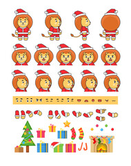Lion in Santa Claus outift creation set, various Christmas design elements. Vector illustration bundle