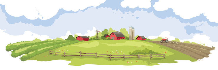 Abstract landscape -- american farm / Vector illustration, rural view -- fields and meadows. © imagination13