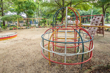 Old empty playground with metal structures