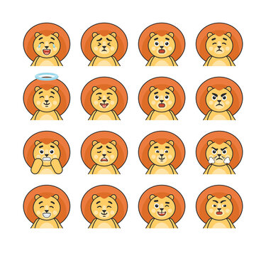 Set of lion avatars, emoticons showing various expressions. Cartoon lion laughing, surprised, angry, smile, shocked, wicked and showing other emotions. Vector illustration