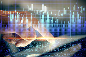 Multi exposure of man's hands holding and using a phone and financial chart drawing. Market...