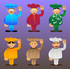 Fat male cartoon chef in uniform making power to the people fist gesture. Vector illustration.