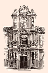 Hand sketch of a building facade in the classic Rococo style. Front entrance.