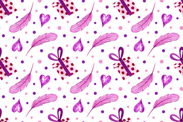 Seamless pattern with pink spotted gift boxes, feathers and purple hearts on white background. Cute watercolor illustration. Wrapping paper, scrapbook page, wallpaper, fabric, textile designs.