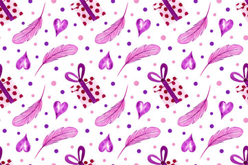 Seamless pattern with pink spotted gift boxes, feathers and purple hearts on white background. Cute watercolor illustration. Wrapping paper, scrapbook page, wallpaper, fabric, textile designs.